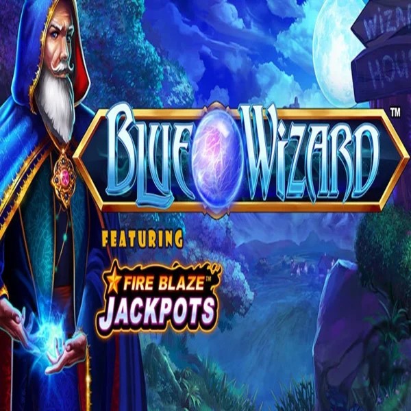 Blue Wizard Fire Blaze Jackpots logo by Rarestone Gaming at Rollflame Casino